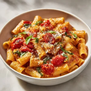 Creamy tomato garlic pasta dish garnished with fresh herbs