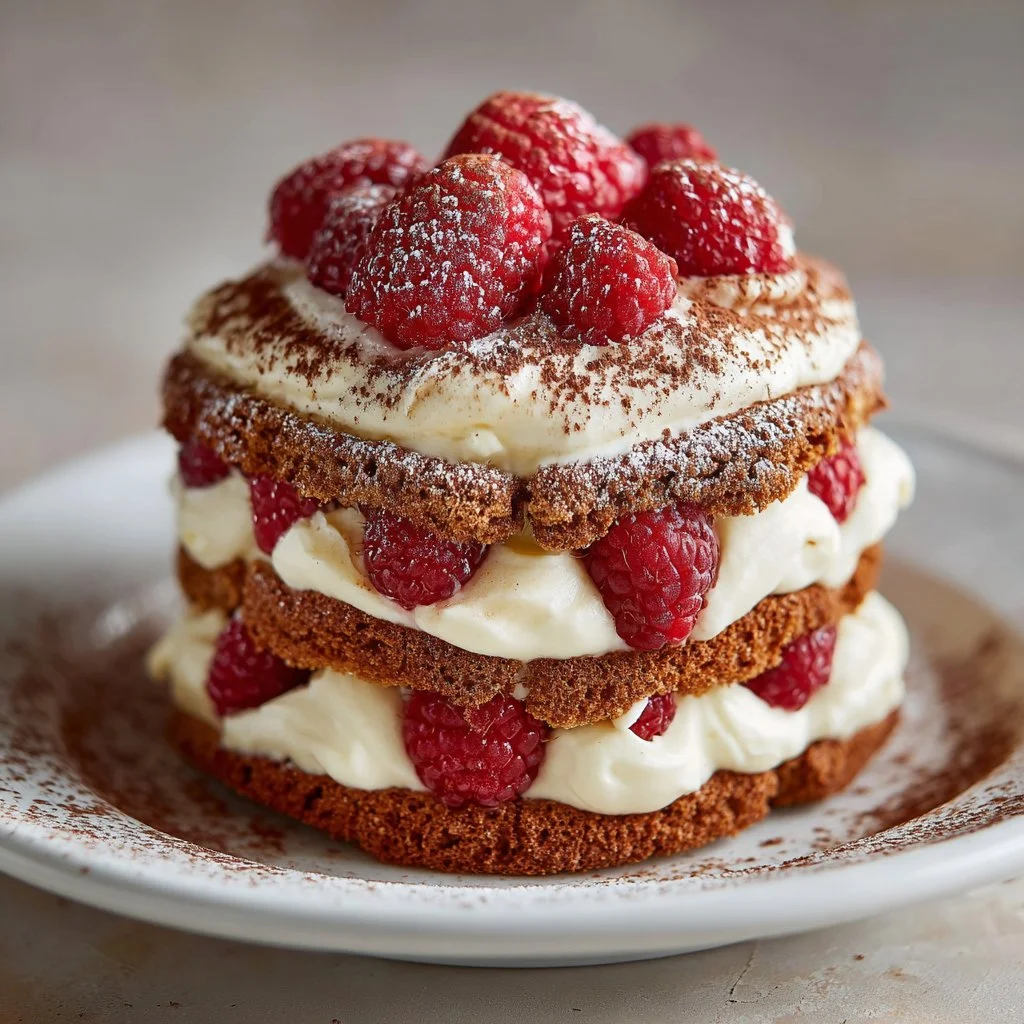 Delicious homemade Raspberry Tiramisu dessert with fresh raspberries and mascarpone