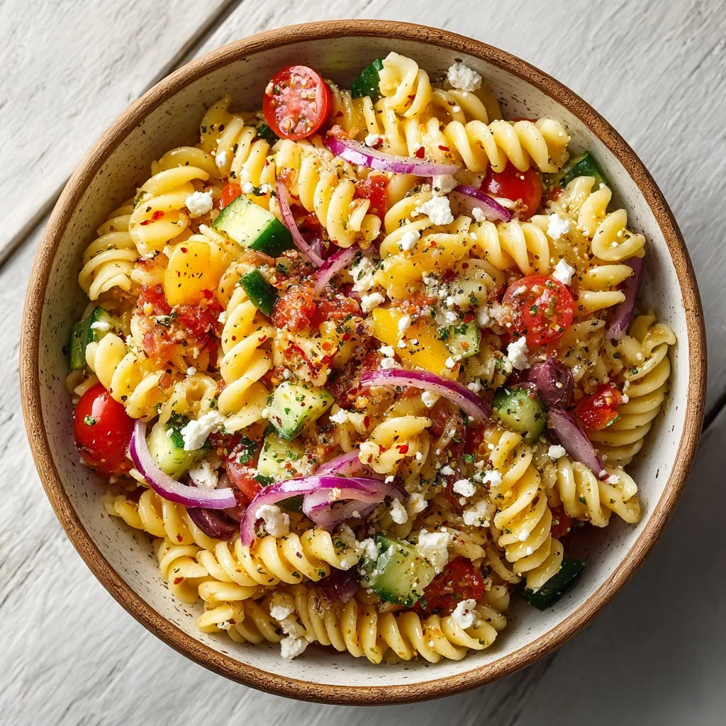 Bowl of fresh pasta salad with vegetables and dressing