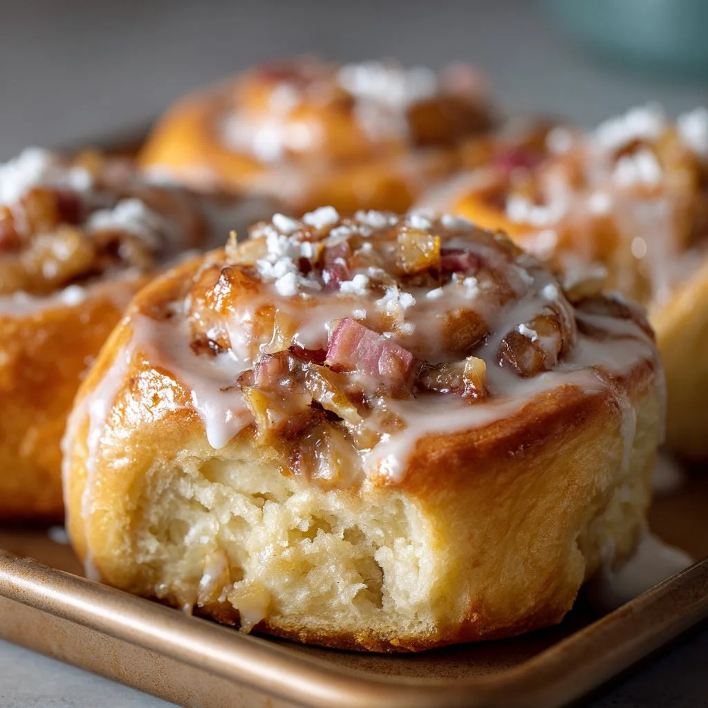 Freshly baked rhubarb sticky buns topped with glaze and rhubarb chunks