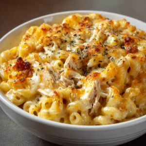 Bowl of rich Crack Chicken Mac and Cheese topped with herbs and cheese