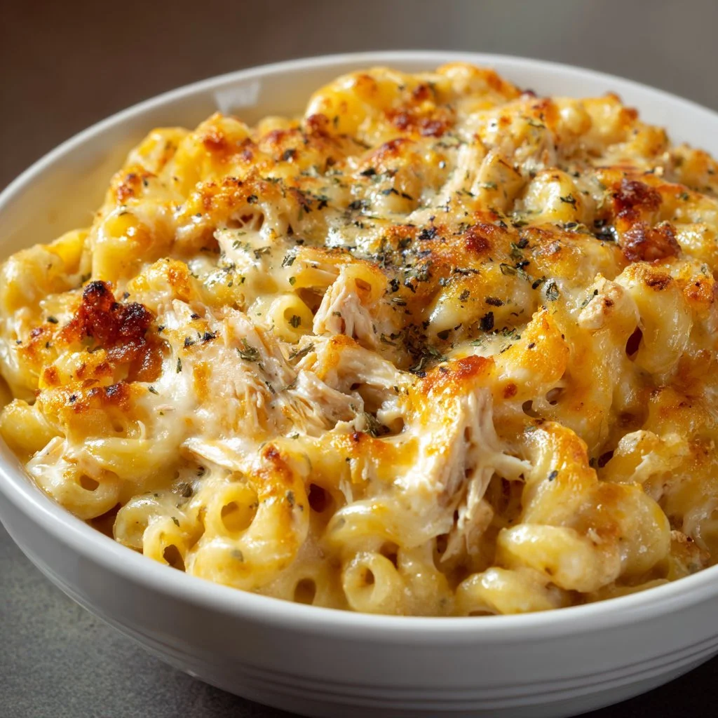 Bowl of rich Crack Chicken Mac and Cheese topped with herbs and cheese
