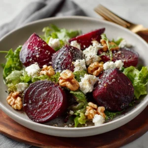 Roasted beet salad topped with feta cheese and greens
