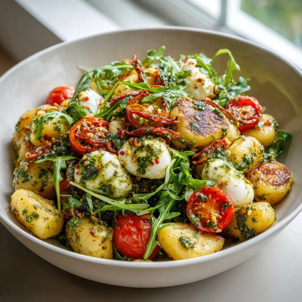 Roasted gnocchi salad with basil pesto, tomatoes, mozzarella, and arugula
