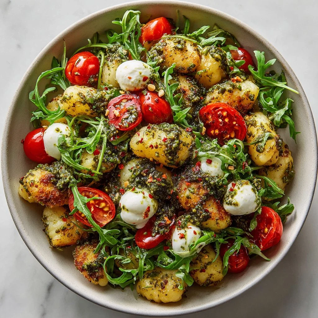 Roasted Gnocchi Salad with Basil Pesto, Tomatoes, Mozzarella, and Arugula