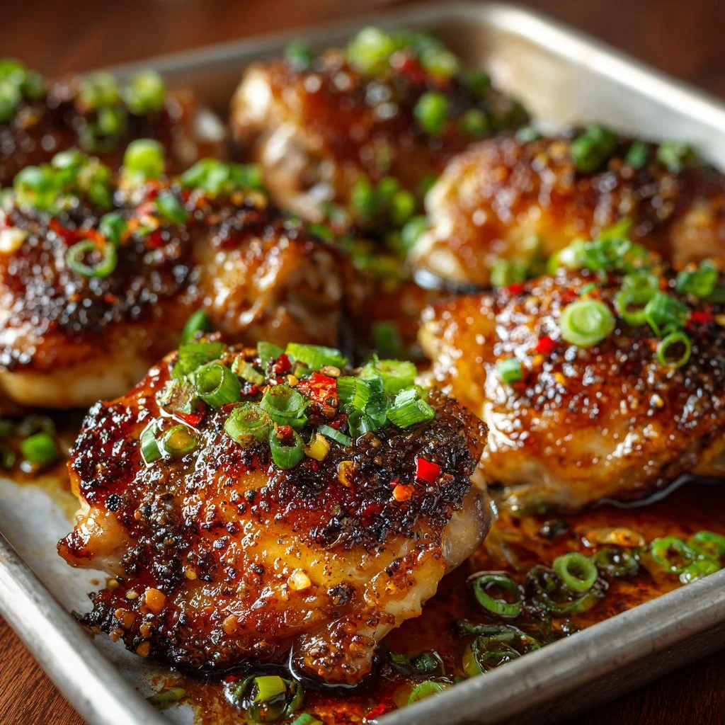 Delicious roasted miso chicken thighs ready to serve