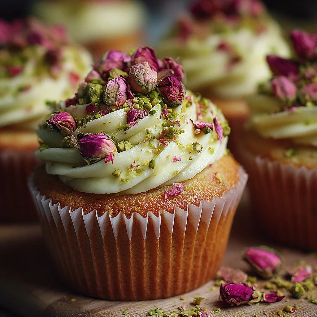 Delicious rose and pistachio cupcakes decorated with edible flowers