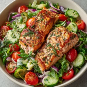 Fresh salmon salad with mixed greens and vegetables