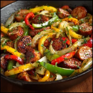 Sizzling Sausage and Peppers Skillet with vibrant bell peppers in a frying pan