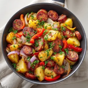 Sausage and potatoes skillet dish ready to serve with colorful vegetables