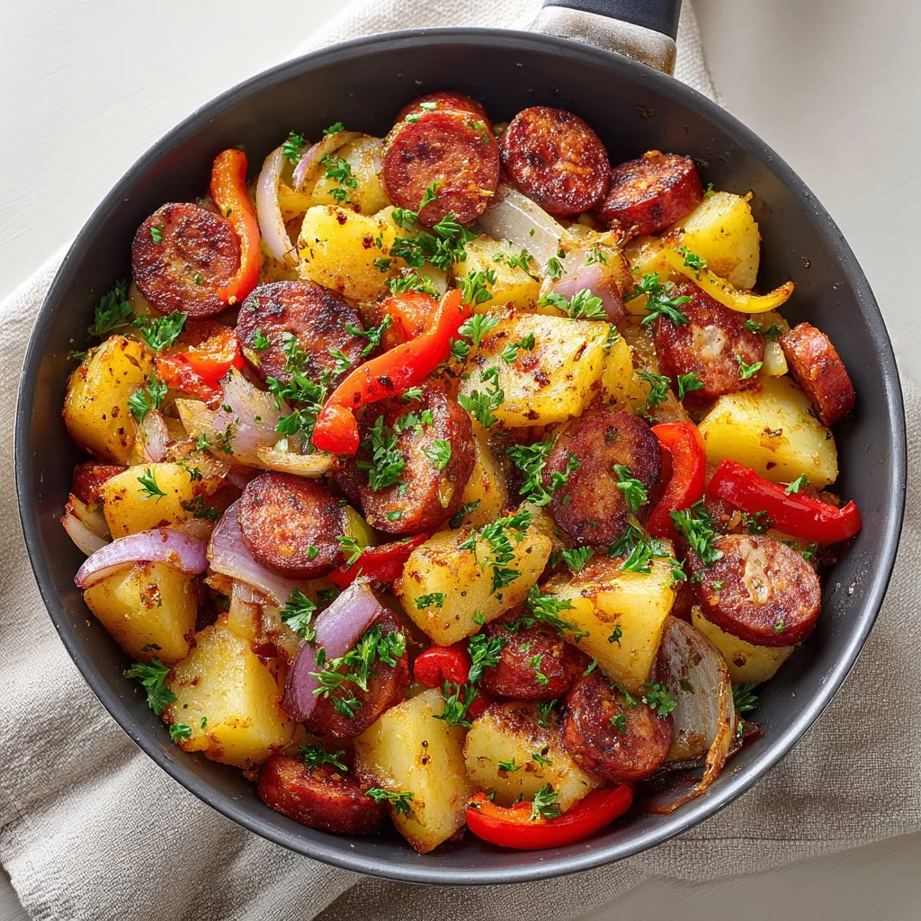 Sausage and potatoes skillet dish ready to serve with colorful vegetables