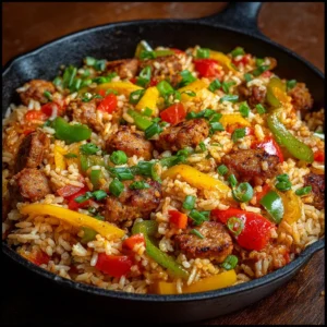 Sausage and Rice Skillet featuring colorful vegetables and savory sausage.