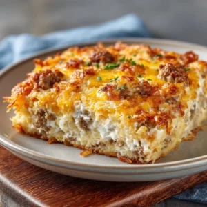 Sausage, Egg, and Cream Cheese Hashbrown Casserole served in a dish