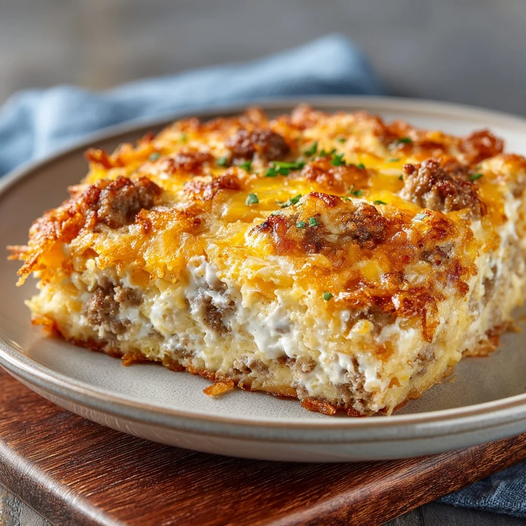 Sausage, Egg, and Cream Cheese Hashbrown Casserole served in a dish