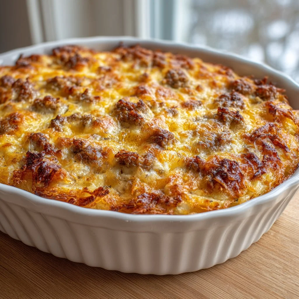 Delicious sausage egg and cream cheese hashbrown casserole served in a dish