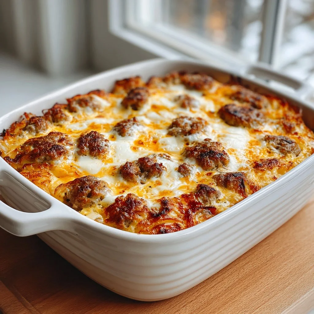 Sausage Egg and Cream Cheese Hashbrown Casserole Awaits You!
