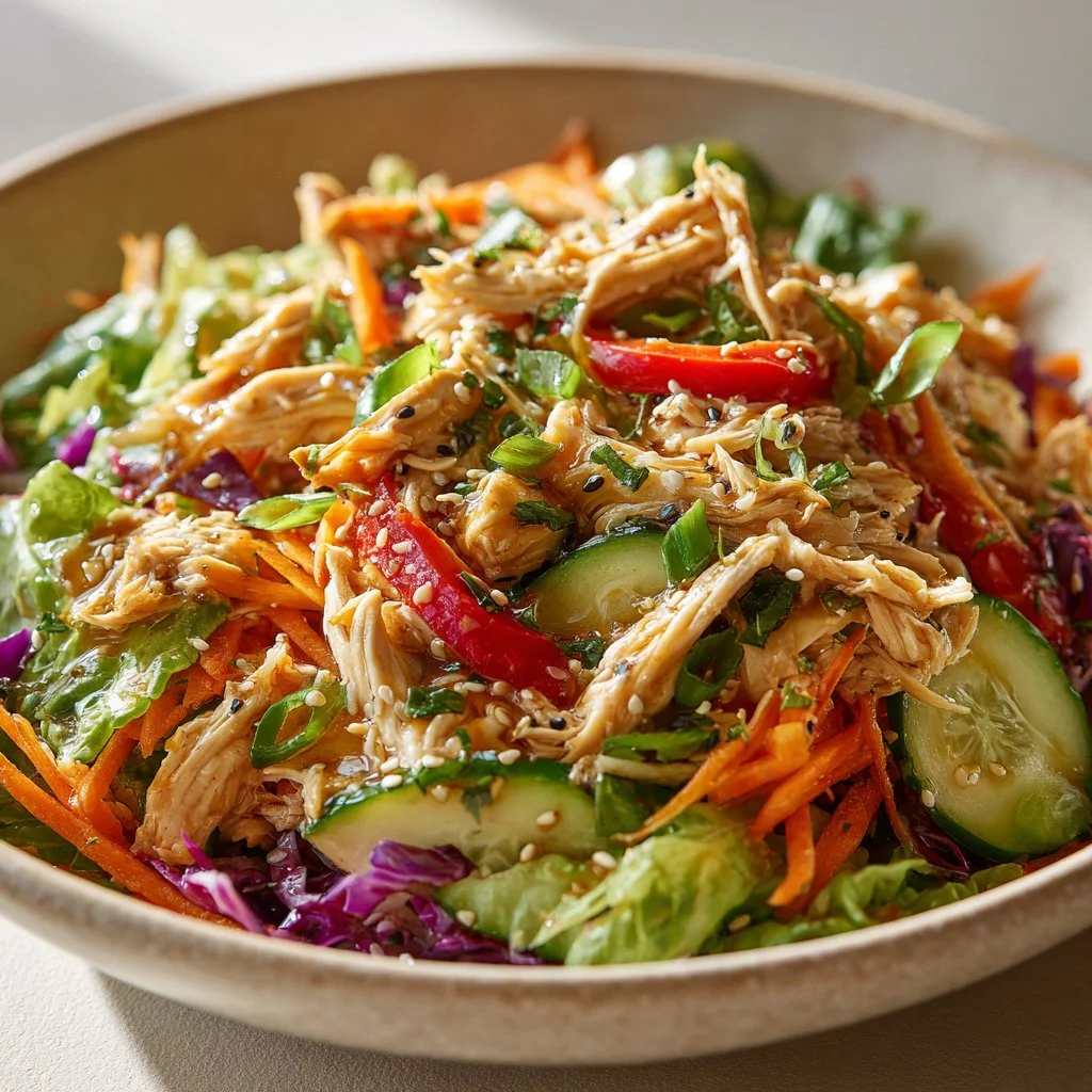 A vibrant bowl of Sesame Chicken Salad with greens, sesame seeds, and grilled chicken.