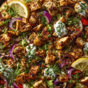 Sheet pan chicken pitas with fresh vegetables and herbs