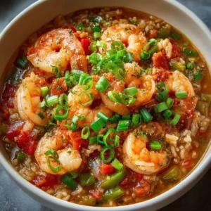 A delicious plate of Shrimp Jambalaya with rice, shrimp, and colorful vegetables