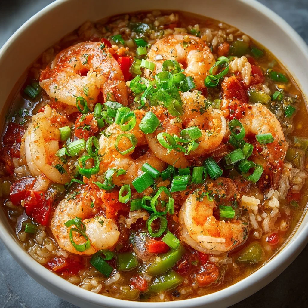 A delicious plate of Shrimp Jambalaya with rice, shrimp, and colorful vegetables