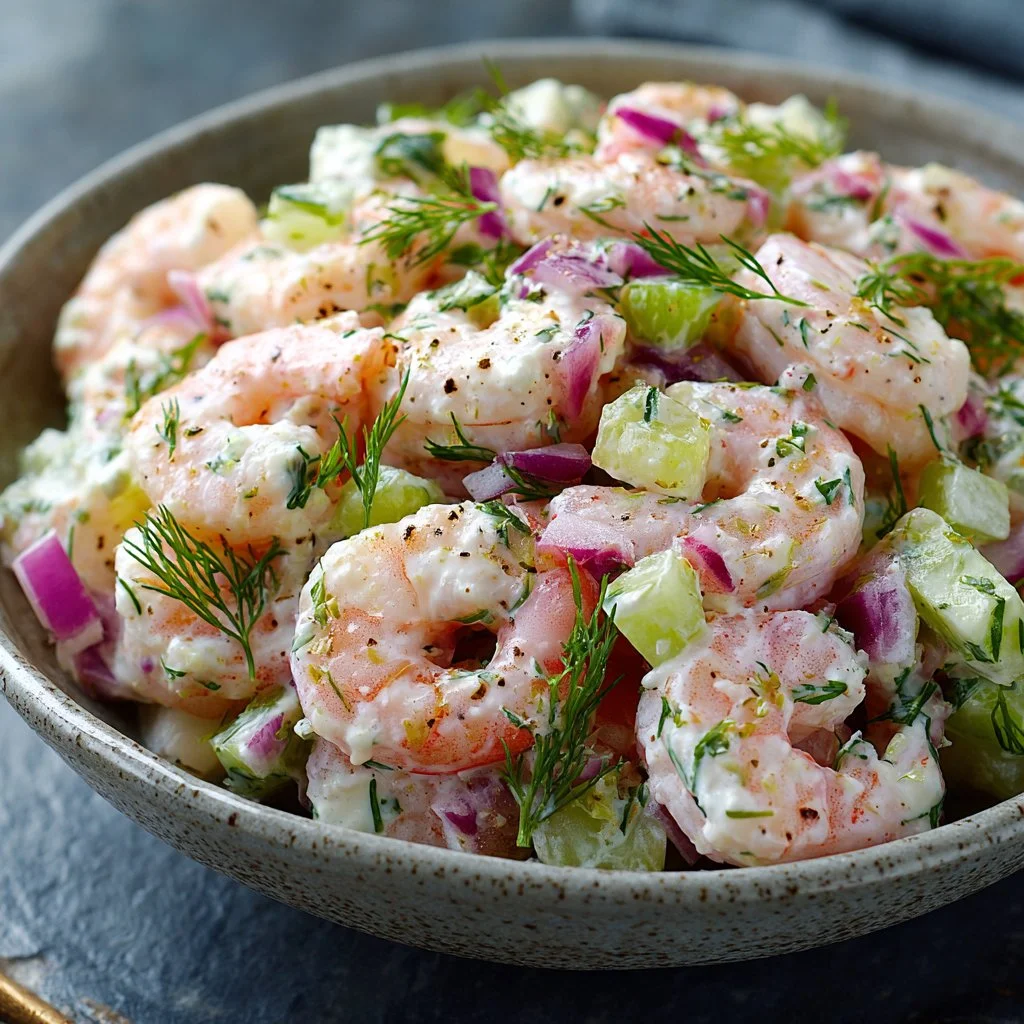 A vibrant shrimp salad with fresh vegetables and a zesty dressing
