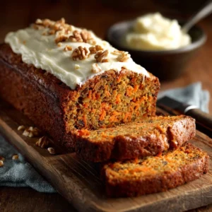Simple carrot cake loaf bread slice with cream cheese frosting