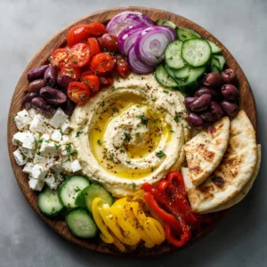 Colorful Simple Greek Salad Hummus Board with fresh vegetables and pita