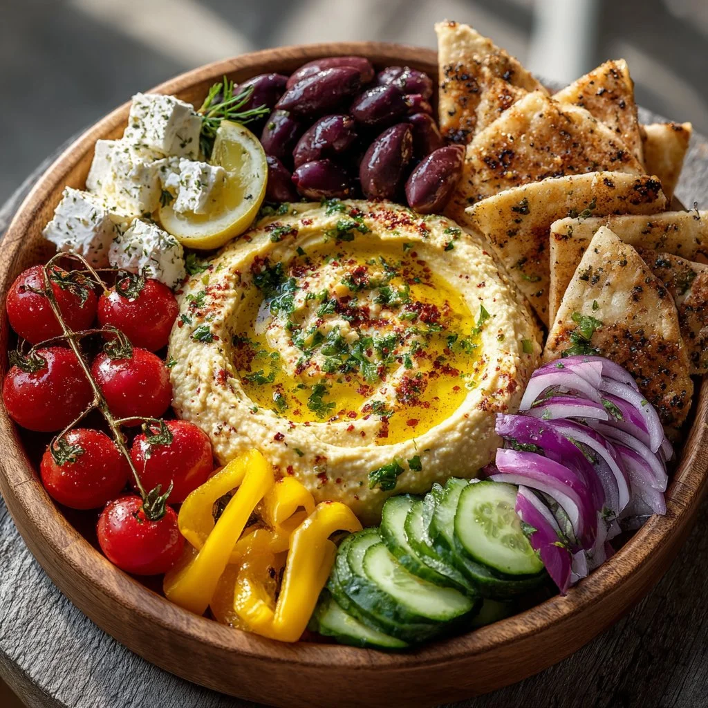Simple Greek Salad Hummus Board
