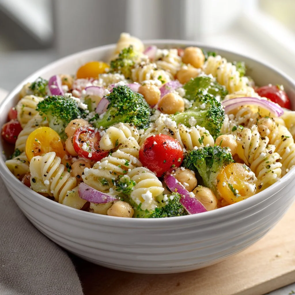 High protein broccoli pasta salad with fresh ingredients and vibrant colors.
