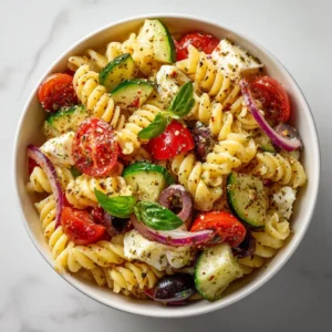 Bowl of Simple Italian Pasta Salad with fresh vegetables and dressing