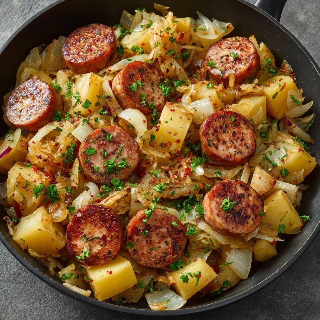Delicious skillet kielbasa with sauerkraut and potatoes served in a skillet dish.