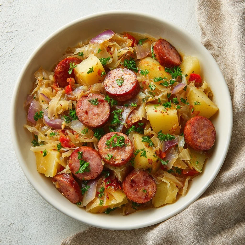 Skillet Kielbasa with Sauerkraut and Potatoes
