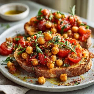 Spiced chickpea and tomato toast with herbs on a wooden board