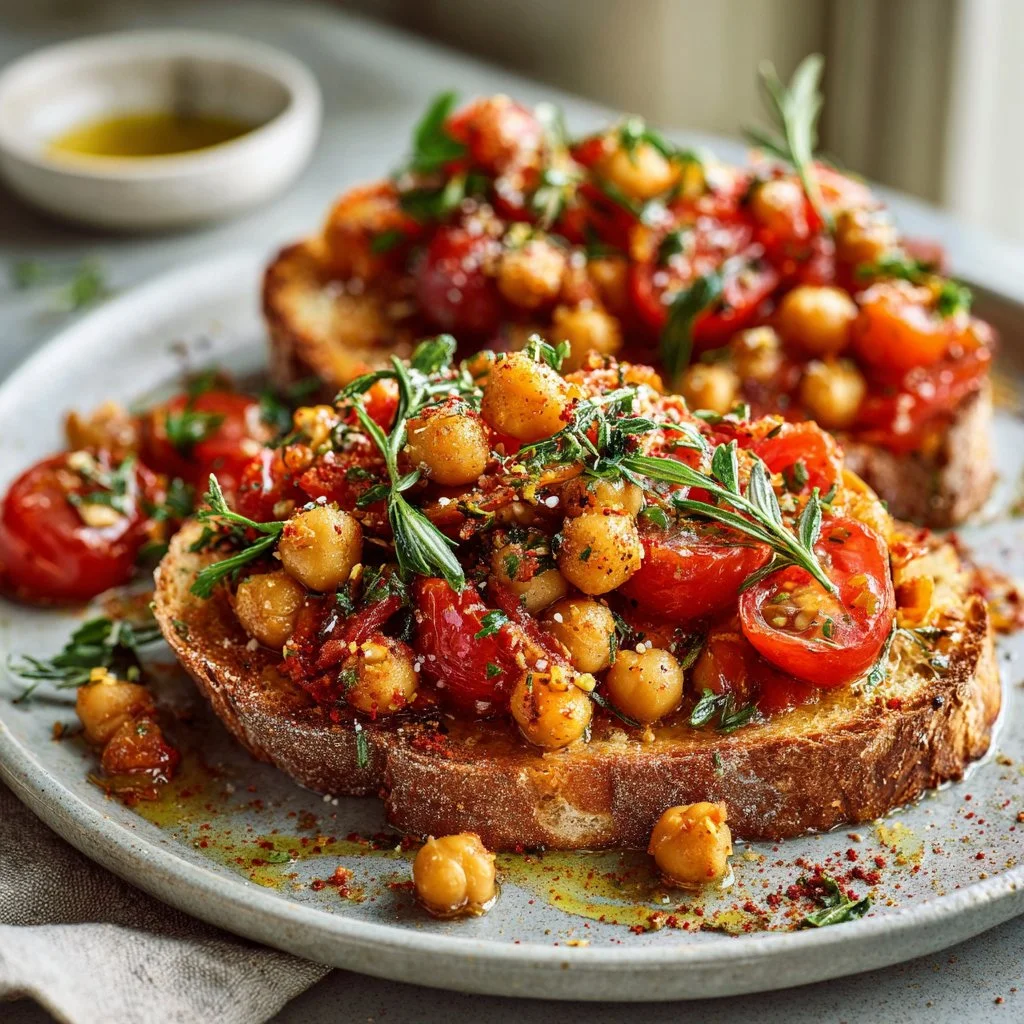 Spiced chickpea and tomato toast with herbs on a wooden board