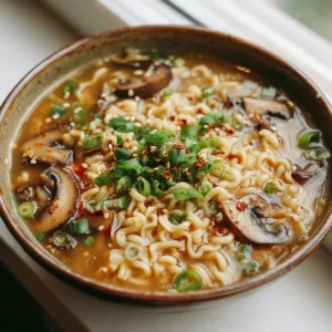 Spicy mushroom ramen noodles topped with fresh vegetables and herbs
