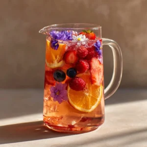 A pitcher of vibrant Spring Blossom Sangria with fresh fruits and flowers.