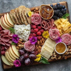 Colorful spring charcuterie board with seasonal fruits and cured meats.