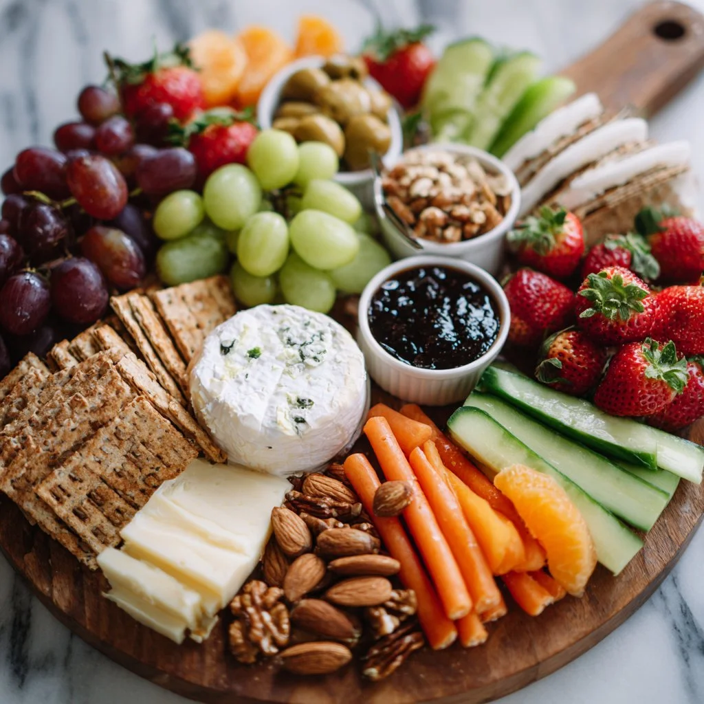 Spring Grazing Snack Board with fresh fruits, cheeses, and dips for entertaining
