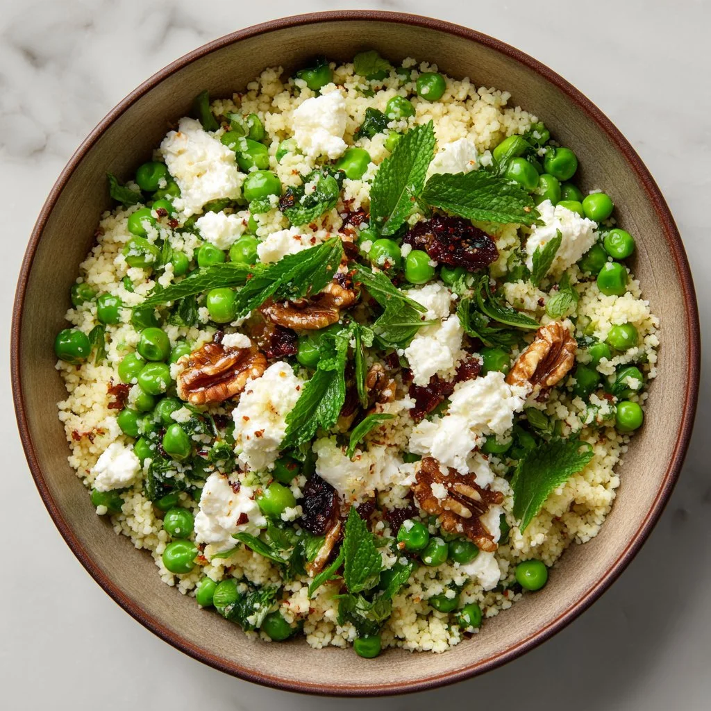 Spring pea feta couscous salad with basil vinaigrette in a bowl