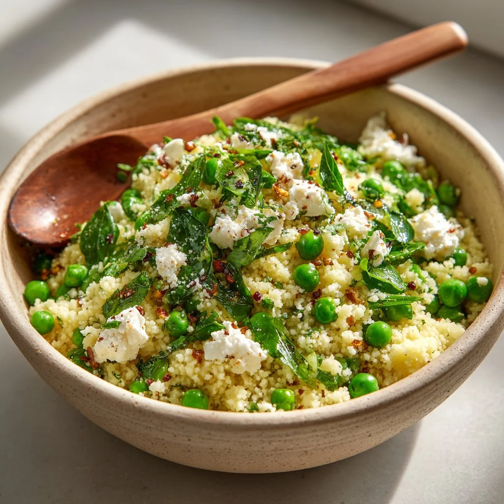 Spring Pea Feta Couscous Salad with Basil Vinaigrette