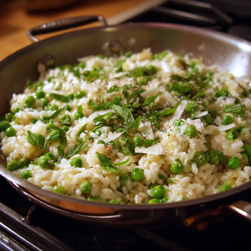 Creamy spring pea risotto topped with fresh peas and herbs