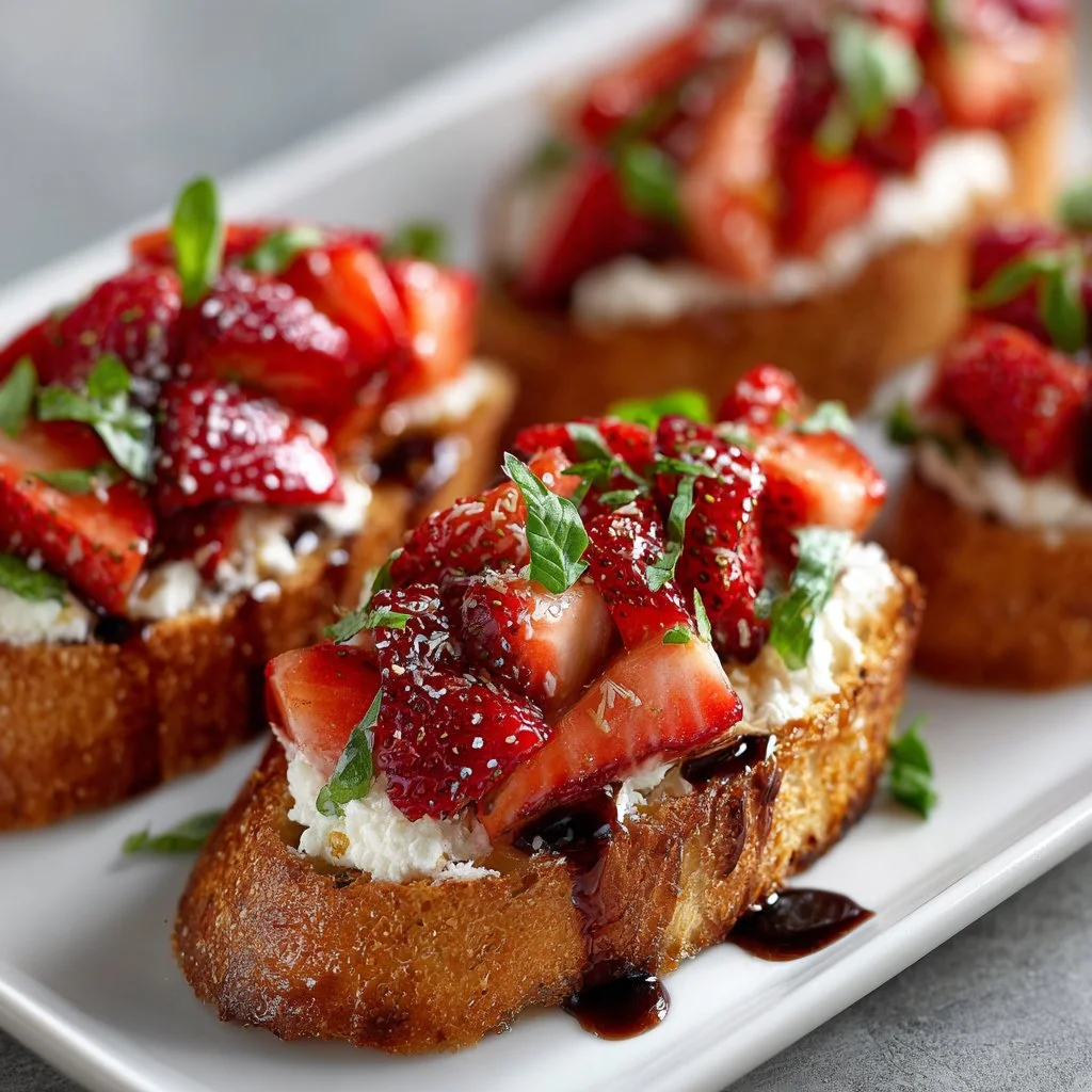 Strawberry ricotta bruschetta garnished with fresh mint on a wooden platter