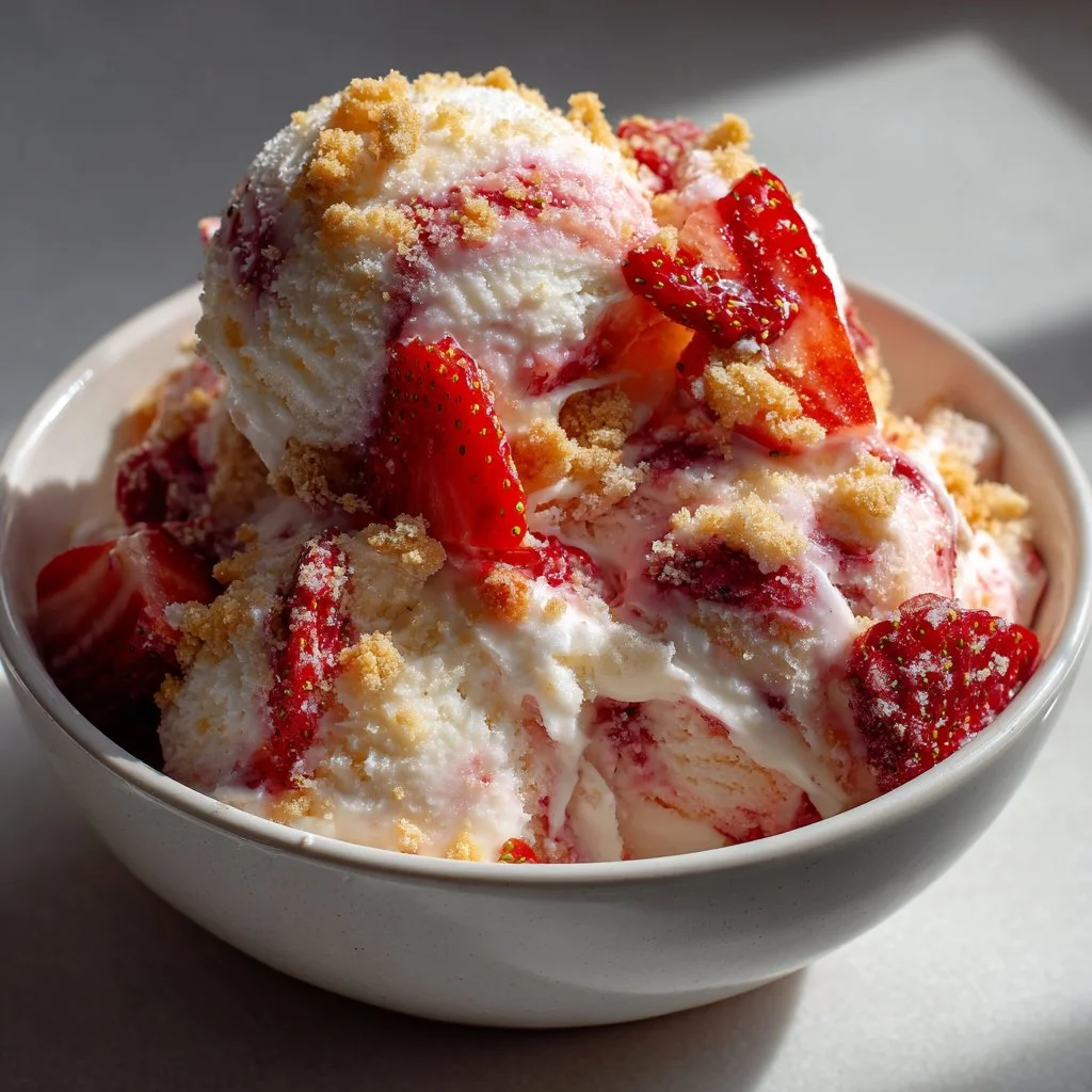 Creamy strawberry shortcake ice cream topped with fresh strawberries and whipped cream