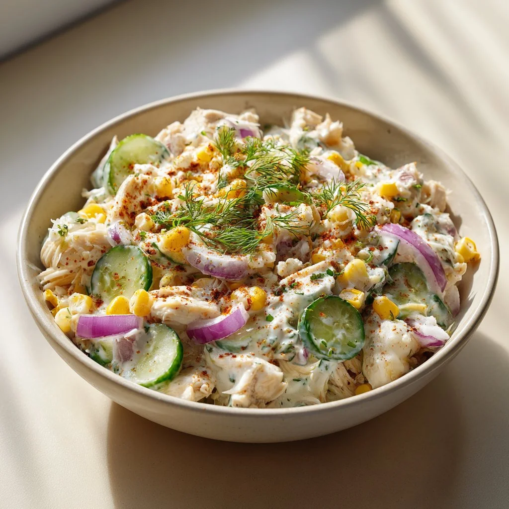 Delicious Street Corn Creamy Cucumber Chicken Salad served in a bowl
