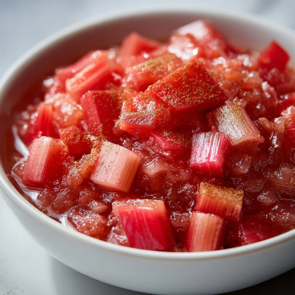 Delicious sugar free rhubarb compote in a glass jar with fresh rhubarb stalks.