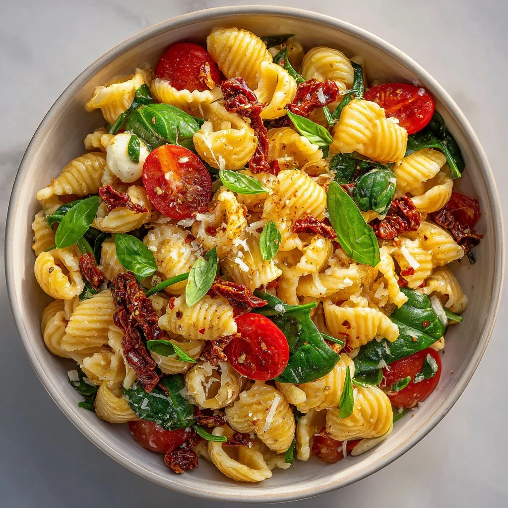 Delicious Sun Dried Tomato Pasta Salad in a bowl with vibrant colors