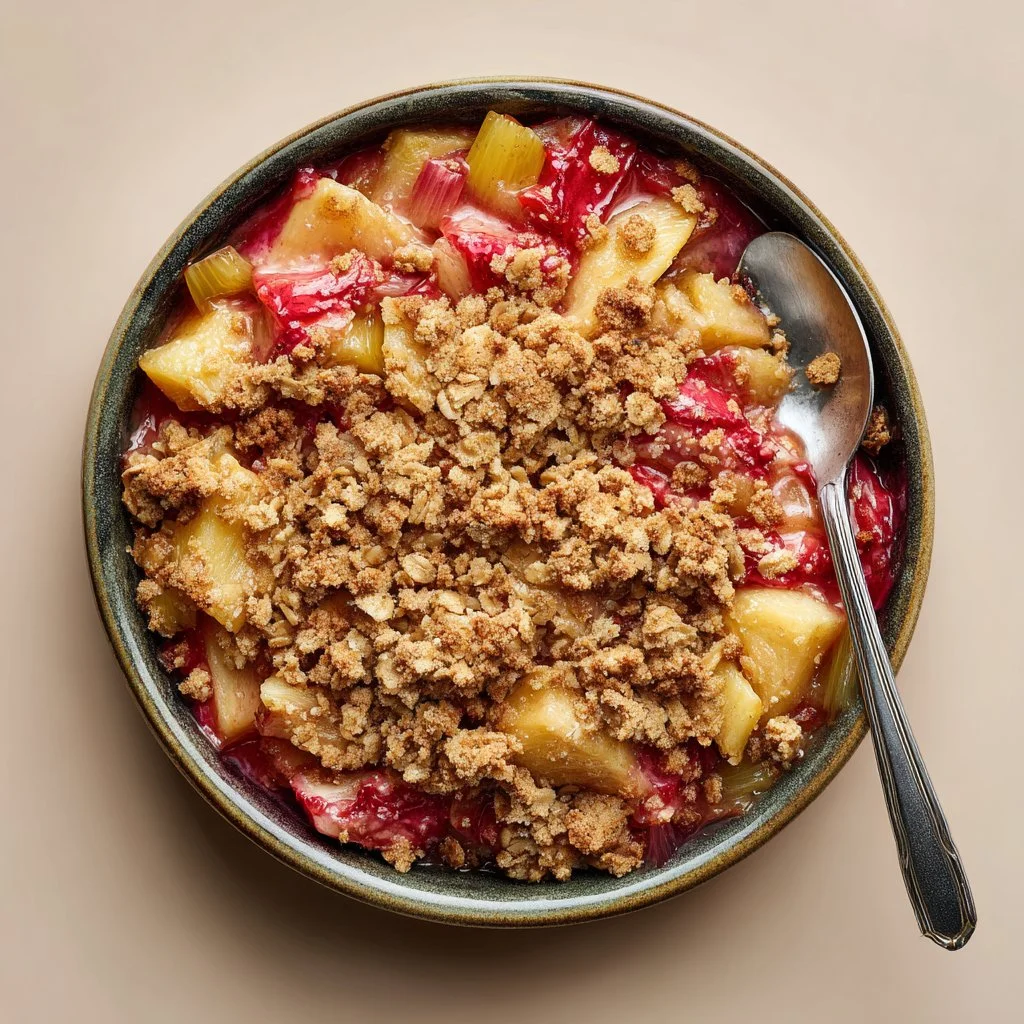 Delicious Pineapple Rhubarb Crisp topped with a golden crumble