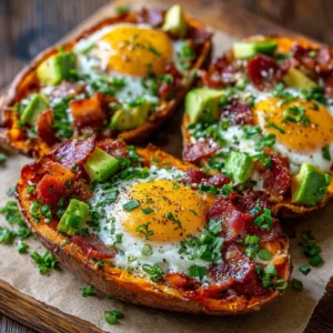 Sweet potato breakfast boats stuffed with bacon and egg, a healthy morning recipe.