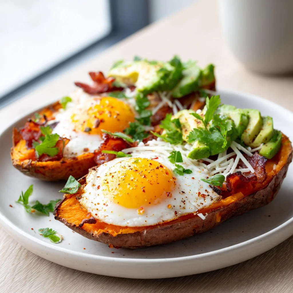 Sweet Potato Breakfast Boats with Bacon and Egg