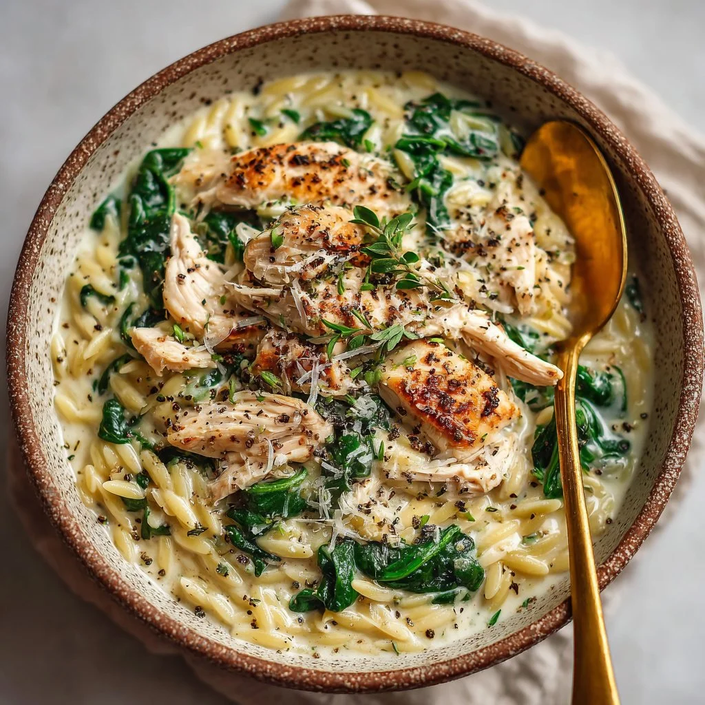Tasty Creamy Chicken Orzo with Spinach